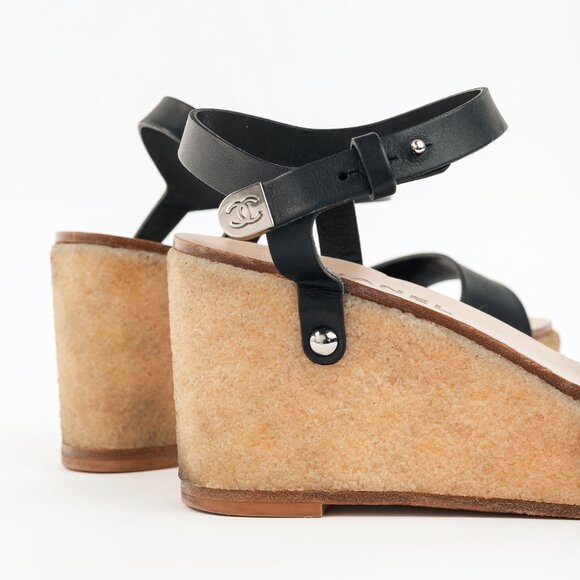 Chanel Black Leather Platform Wedge Sandals - Picture 7 of 9